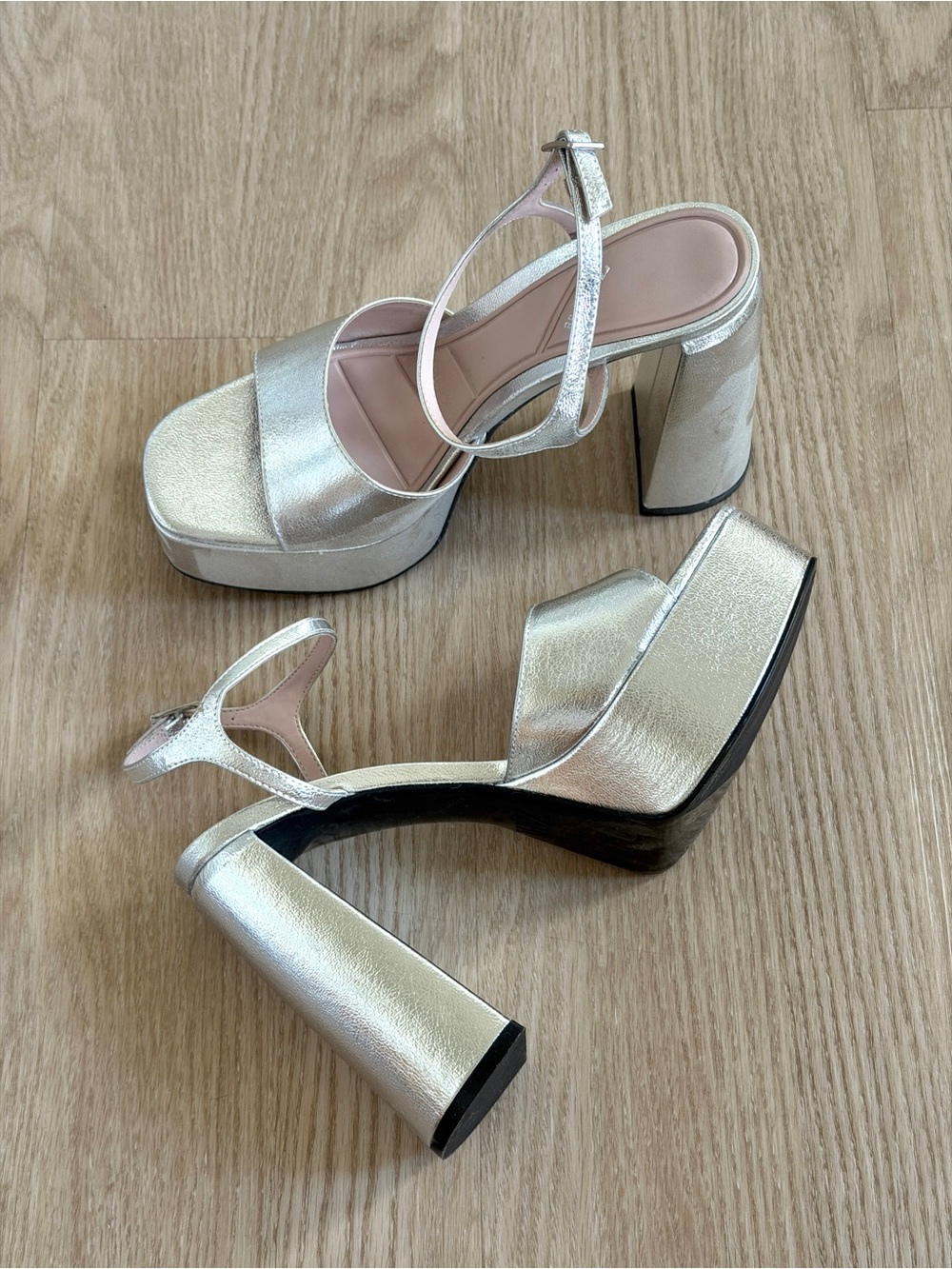 Zara Metallic Silver Platform Sandal Heels with Ankle Strap